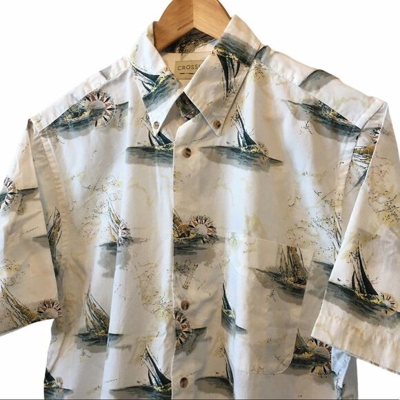 MENS CROSSING Cream Sailboat Print Button Up Shirt - Picture 3 of 7